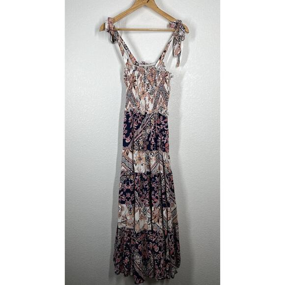 Abel The Label Maxi Dress Small Smocked Tie Straps Tiered Floral Boho Anthro - Picture 5 of 6